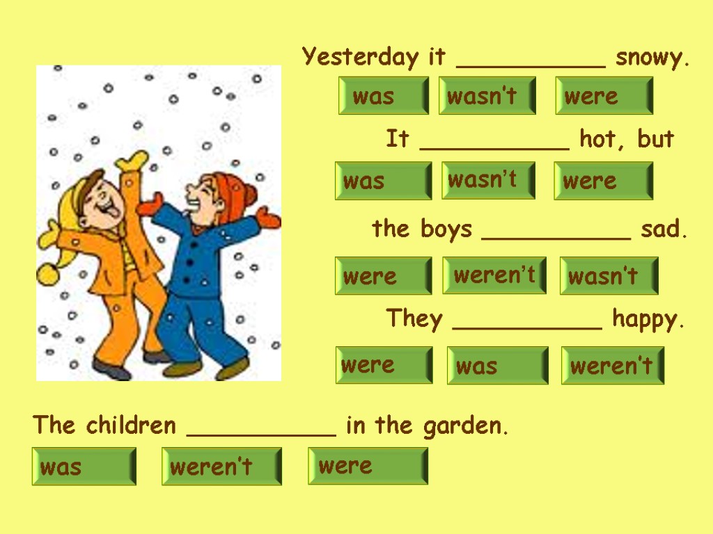 Yesterday it __________ snowy. wasn’t were was was were wasn’t It __________ hot, but